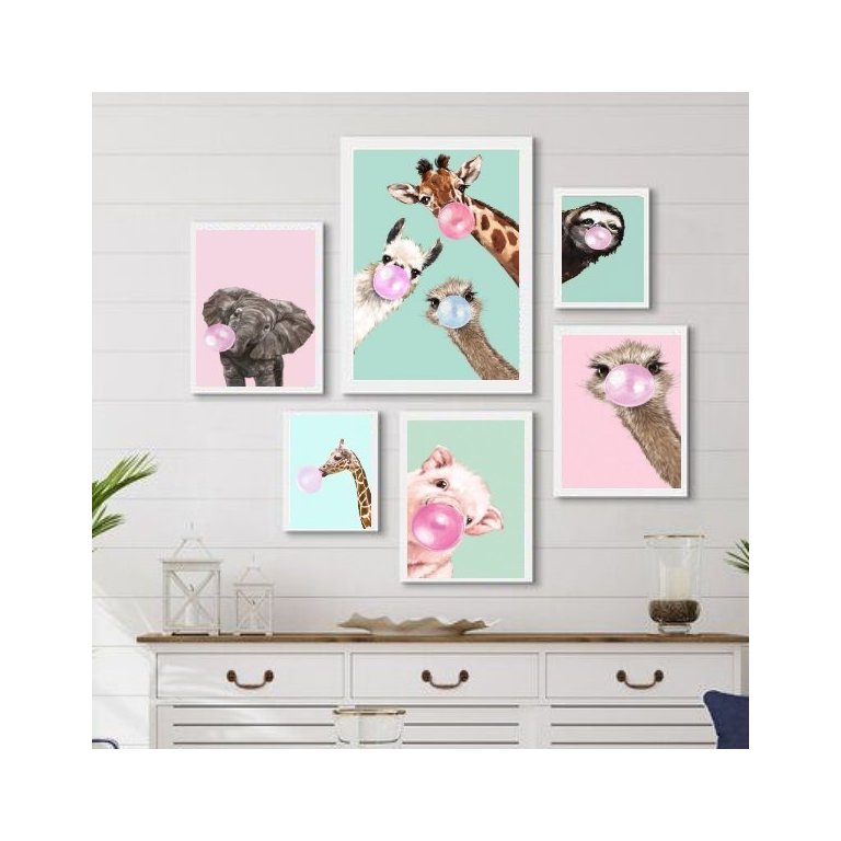 Composição 6 Quadros Decorativos Animais Chicletes - com Vidro:madeira Branca