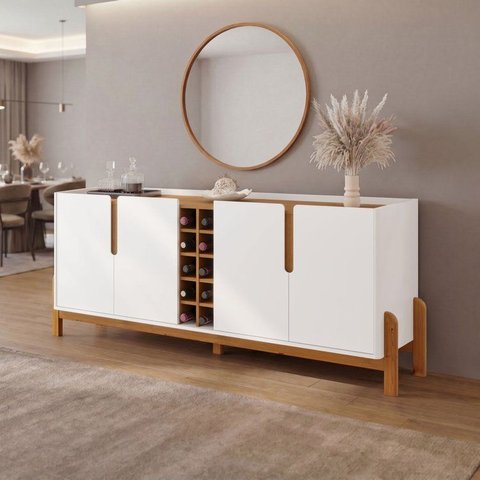Buffet Aparador 190cm 4 Portas e Adega Lizz Branco/Cedro