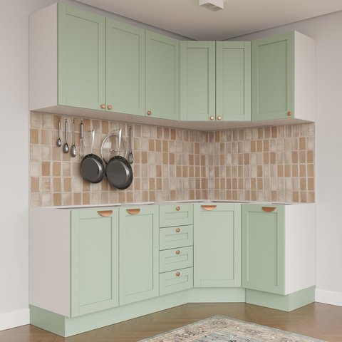 Cozinha Modulada 6 Peças sem Tampo 3 Aéreos 6 Portas e 3 Balcões Arizona CabeCasa MadeiraOriginals Verde
