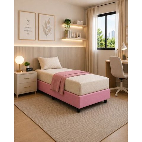Base Box para Cama Juvenil Dobrável Suede 188x78cm Bipartido - Rosa