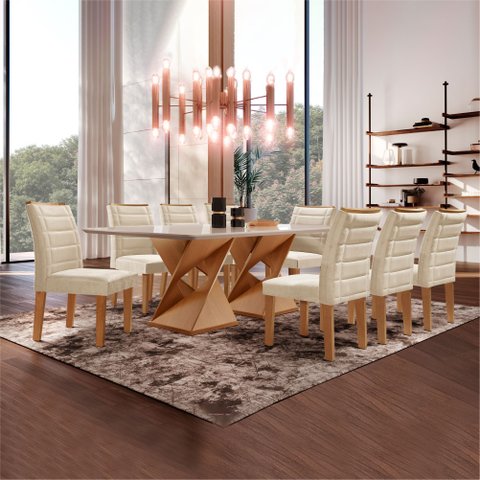 Conjunto Sala de Jantar Genova Tampo Vidro/MDF com 8 Cadeiras Genova Smart Plus
