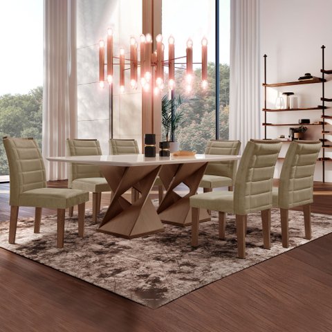 Conjunto Sala de Jantar Mesa 6 Cadeiras Vidro Genova Chocolate/Off White/Veludo Bege Escuro
