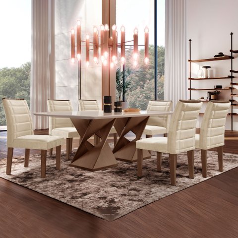 Conjunto Sala de Jantar Genova Tampo Vidro/MDF com 6 Cadeiras Genova Smart Plus