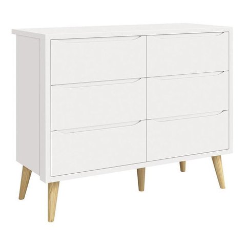 Cômoda Infantil Theo 6 Gavetas Branco Fosco com Pés Madeira Natural - Reller Móveis Branco Fosco