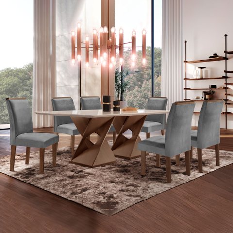 Conjunto Sala de Jantar Genova Tampo Vidro/MDF com 6 Cadeiras Luísa Smart Plus