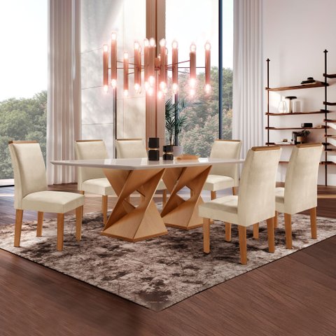 Conjunto Sala de Jantar Genova Tampo Vidro/MDF com 6 Cadeiras Luísa Smart Plus