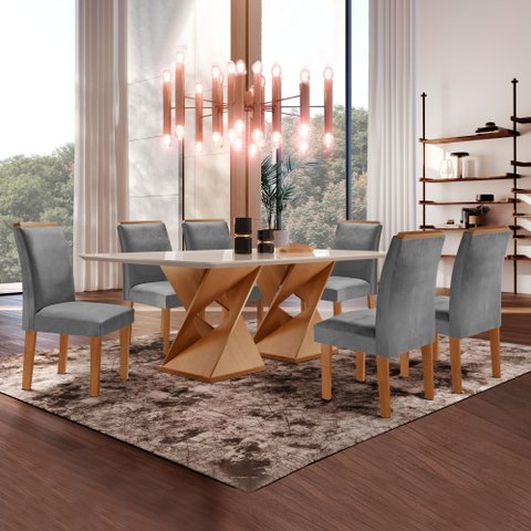Conjunto Sala de Jantar Genova Tampo Vidro/MDF com 6 Cadeiras Luísa Smart Plus