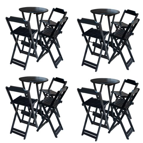 Kit 4 Conjuntos de Mesa Bistrô Dobravel em Madeira Maciça com 3 Banquetas Altas - Preto