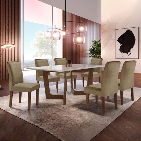 Conjunto Sala de Jantar Mesa 6 Cadeiras Vidro e MDF Nápoles Luísa Chocolate/Off White/Veludo Bege Escuro