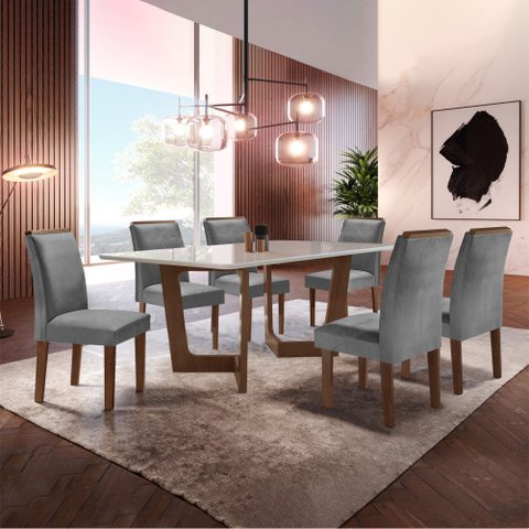 Conjunto Sala de Jantar Nápoles Tampo Vidro/MDF com 6 Cadeiras Luísa Smart Plus