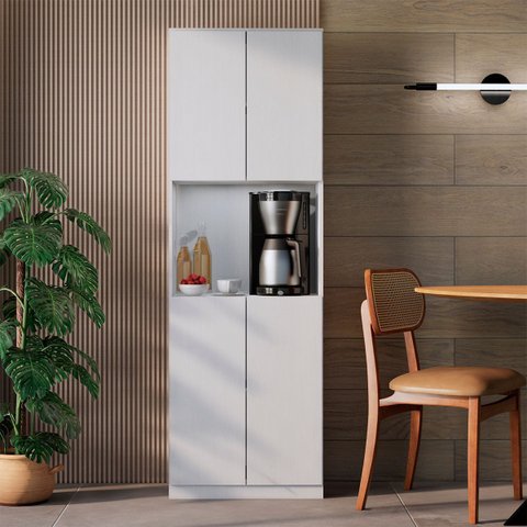 Armário Multiuso 4 Portas Organizador Compacto Branco com Nicho para Café e Cozinha