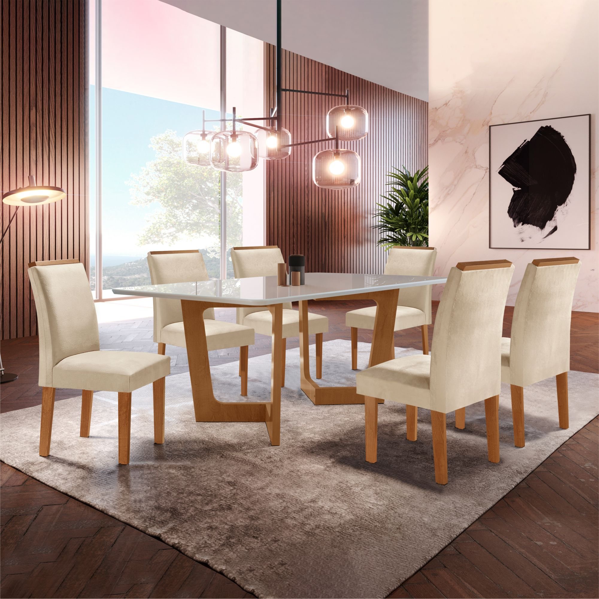 Conjunto Sala De Jantar Nápoles Tampo Vidro/MDF com 6 Cadeiras Luísa Smart Plus 