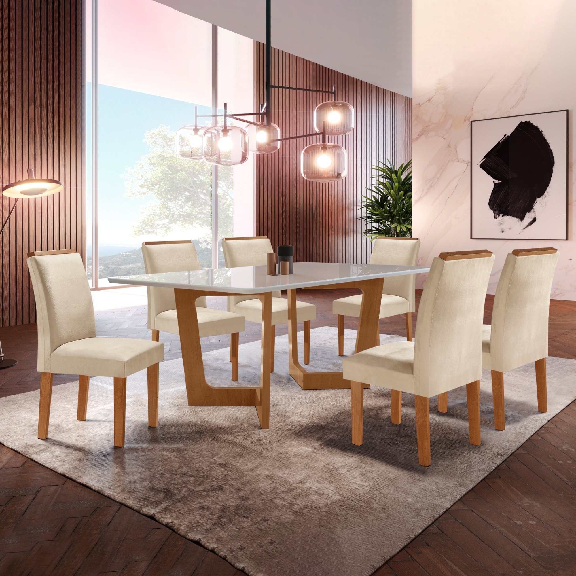 Conjunto Sala De Jantar Nápoles Tampo Vidro/MDF com 6 Cadeiras Luísa Smart Plus Cel Móveis