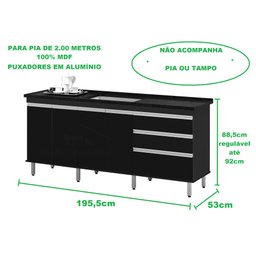 Gabinete Para Pia 2 Metros balcão 100% MDF com Puxador em Alumínio inteiro chapa de 15mm ultimas uni - 3