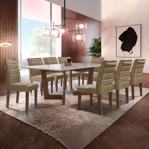 Conjunto Sala de Jantar Mesa 8 Cadeiras Vidro e MDF Nápoles Genova Chocolate/Off White/Veludo Bege Escuro
