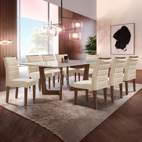 Conjunto Sala de Jantar Nápoles Tampo Vidro/MDF com 8 Cadeiras Genova Smart Plus Bege/Chocolate/Off White