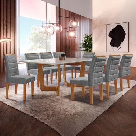 Conjunto Sala de Jantar Nápoles Tampo Vidro/MDF com 8 Cadeiras Genova Smart Plus