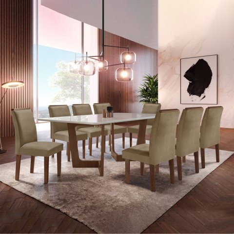 Conjunto Sala de Jantar Mesa 8 Cadeiras Tampo de Vidro Nápoles Chocolate/Off White/Bege Escuro