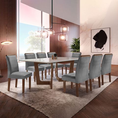 Conjunto Sala de Jantar Nápoles Tampo Vidro/MDF com 8 Cadeiras Luísa Smart Plus Cinza/Chocolate/Off White