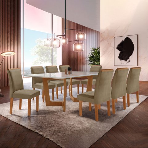 Conjunto Sala de Jantar Mesa 8 Cadeiras Tampo de Vidro Nápoles Cinamomo/Off White/Bege Escuro