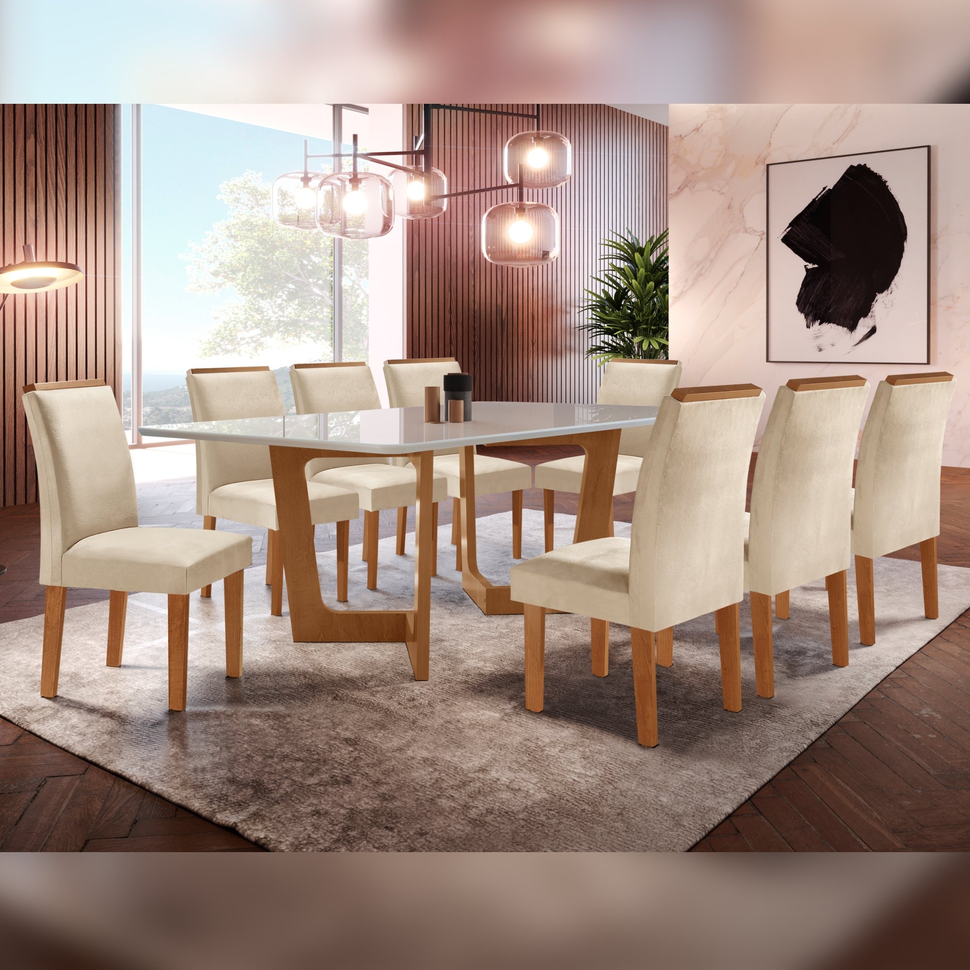 Conjunto Sala De Jantar Nápoles Tampo Vidro/MDF com 8 Cadeiras Luísa Smart Plus Cel Móveis