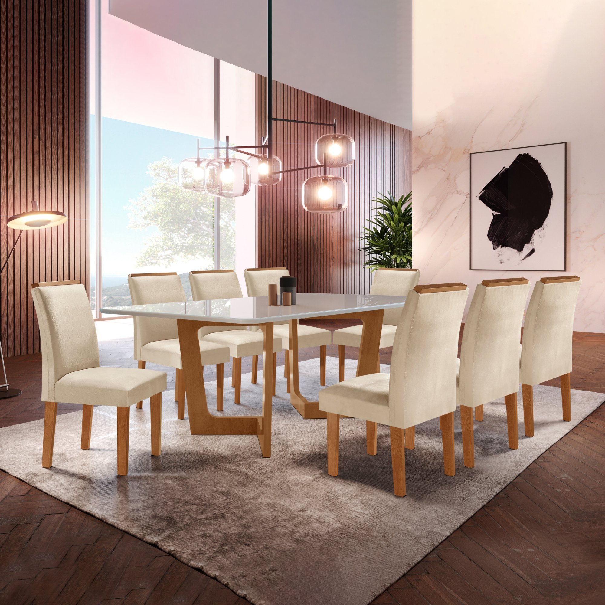 Conjunto Sala De Jantar Nápoles Tampo Vidro/MDF com 8 Cadeiras Luísa Smart Plus Cel Móveis