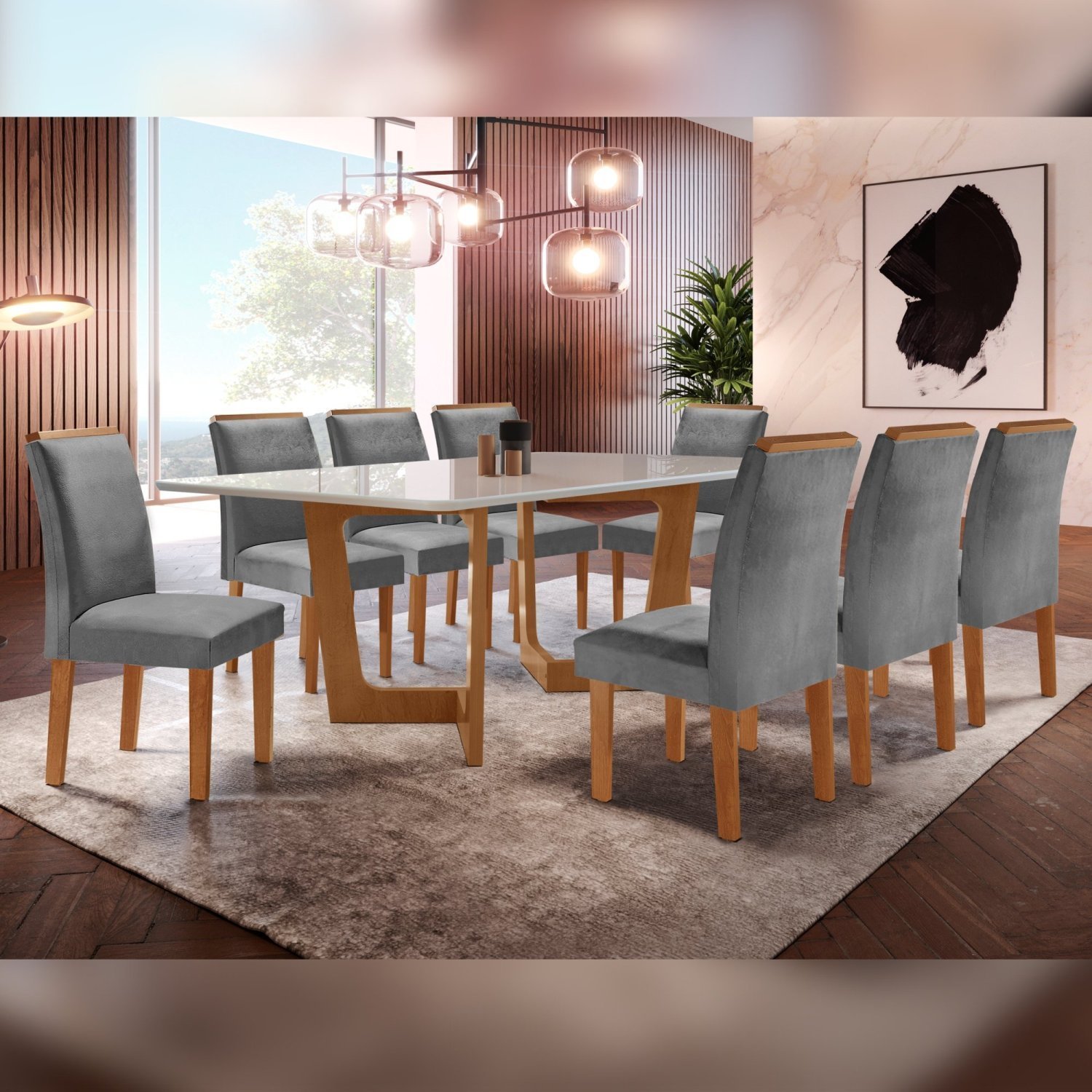 Conjunto Sala De Jantar Nápoles Tampo Vidro/MDF com 8 Cadeiras Luísa Smart Plus Cel Móveis