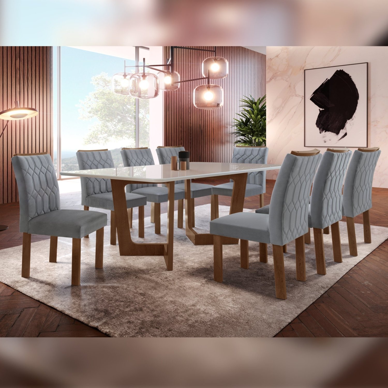 Conjunto Sala De Jantar Nápoles Tampo Vidro/MDF com 8 Cadeiras Marselha Smart Plus Cel Móveis - 1