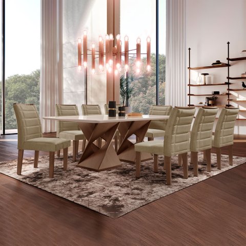 Conjunto Sala de Jantar Genova Tampo Vidro/mdf com 8 Cadeiras Genova Smart Plus