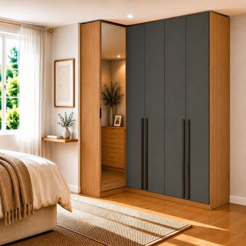 Guarda Roupa de Canto Reto 5 Portas 1 Espelho Altezza Trend Belmax:Freijó/Titânio