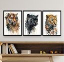 Ver imagem 1 de Kit 3 Quadros Felinos Aquarela Tigre Onça pantera 24x18cm - com Vidro:madeira Branca