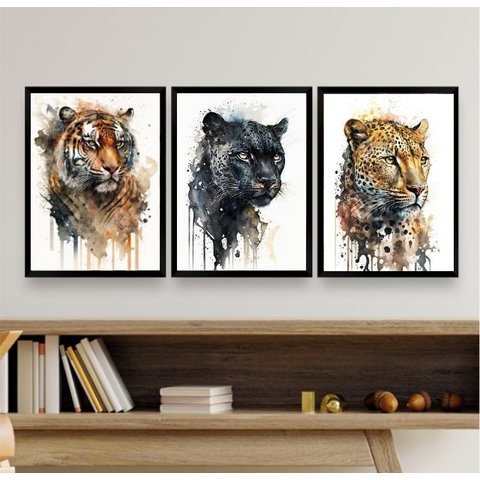 Kit 3 Quadros Felinos Aquarela Tigre Onça pantera 24x18cm - com Vidro:madeira Branca