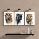 Ver imagem 2 de Kit 3 Quadros Felinos Aquarela Tigre Onça pantera 24x18cm - com Vidro:madeira Branca