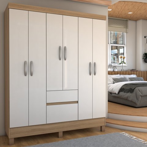 Guarda-roupa Casal Senna 6 Portas 2 Gavetas Amêndola Touch/off White - Panorama Móveis