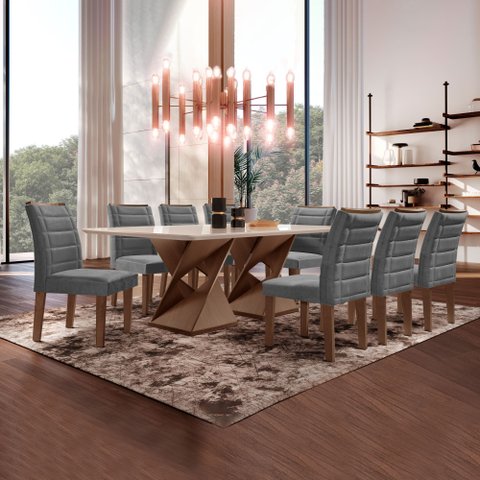Conjunto Sala de Jantar Genova Tampo Vidro/MDF com 8 Cadeiras Genova Smart Plus