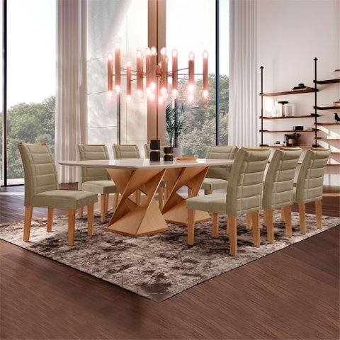Conjunto Sala de Jantar Mesa 8 Cadeiras Tampo de Vidro Genova Cinamomo/Off White/Bege Escuro
