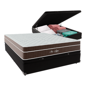 Cama + Box Baú Casal Preta Colchão New Aspen Molas Ensacadas Comfort Prime 138x188