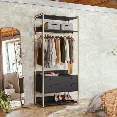 Modulo Closet Industrial com Cabideiro 2 Gavetas 89cm - Estrutura Metálica Moderna Preto