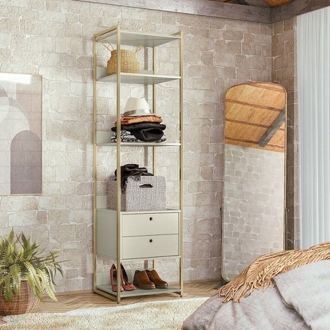 Estante Closet Industrial 54cm 2 Gav e 5 Prat Estrutura Metálica Móvel Moderno e Funcional Off White