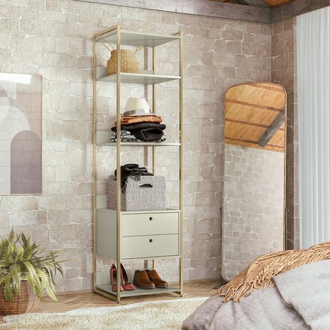 Modulo Estante Industrial 54cm com Prateleiras 2 Gavetas - Estrutura Metálica Branco/Off White