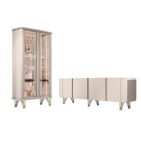 Conjunto Cristaleira Buffet com Led Portas de Vidro Pés Aço Maciço Cor Dourado Évora/saluti Off Whit