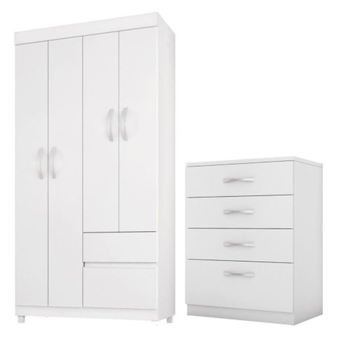 Kit Guarda Roupa Solteiro 4 Portas Lótus Cômoda Astral Branco