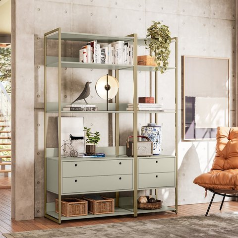 Estante Modulado Industrial Metal MDF 4 Gavetas 10 Prateleiras Off White Olivar