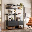 Ver imagem 1 de Estante de Livros Industrial MDF 143,2CMX200CM Escritório 4 Gavetas 5 Prateleiras Preta Estrutura de Metal Ouro Envelhecido