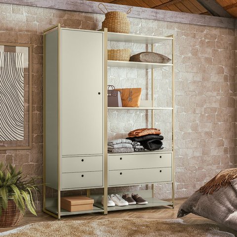 Guarda Roupa Closet Modulado 1 Porta 4 Gavetas 143cm - Estrutura Metálica Moderna Branco/Off White