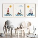 Ver imagem 1 de Kit 3 Quadros Decorativos Infantil | Fundo do Mar, Animais - Ondas NO2 - 40x60 - Moldura Madeira