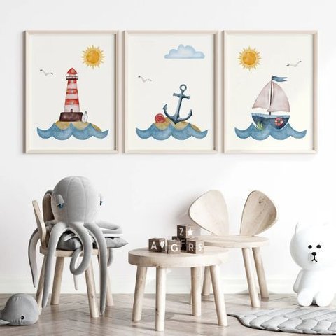 Kit 3 Quadros Decorativos Infantil | Fundo do Mar, Animais - Ondas NO2 - 40x60 - Moldura Madeira