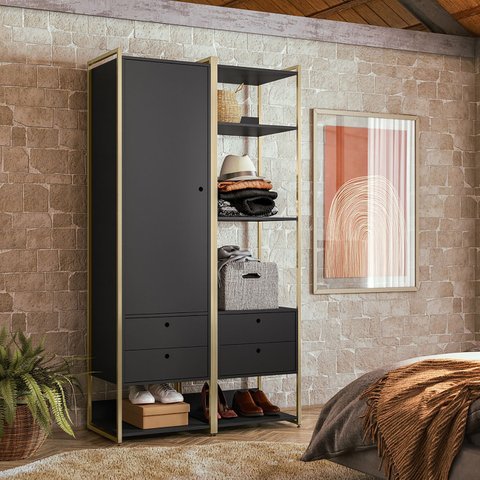 Guarda Roupa Closet Modulado com Cabideiro Porta 4 Gavetas 108cm - Estrutura Metálica Moderna Preto