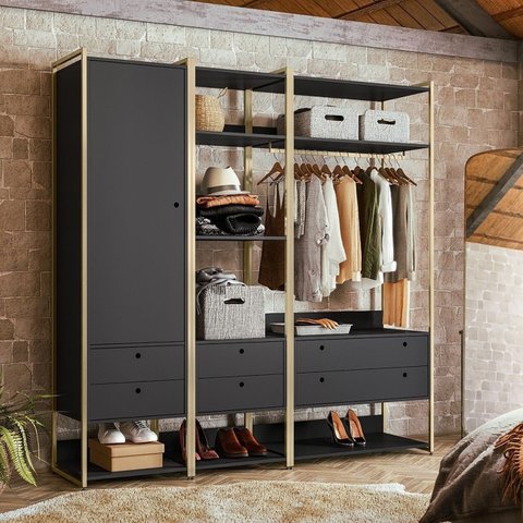 Guarda Roupa Closet Modulado Solteiro 1 Porta 6 Gavetas 197cm - Estrutura Metálica Moderna Preto