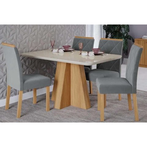 Sala de Jantar Completa Maitê Tampo Madeirado C/ Vidro 130x80cm e 4 Cadeiras Fernanda Nature/off